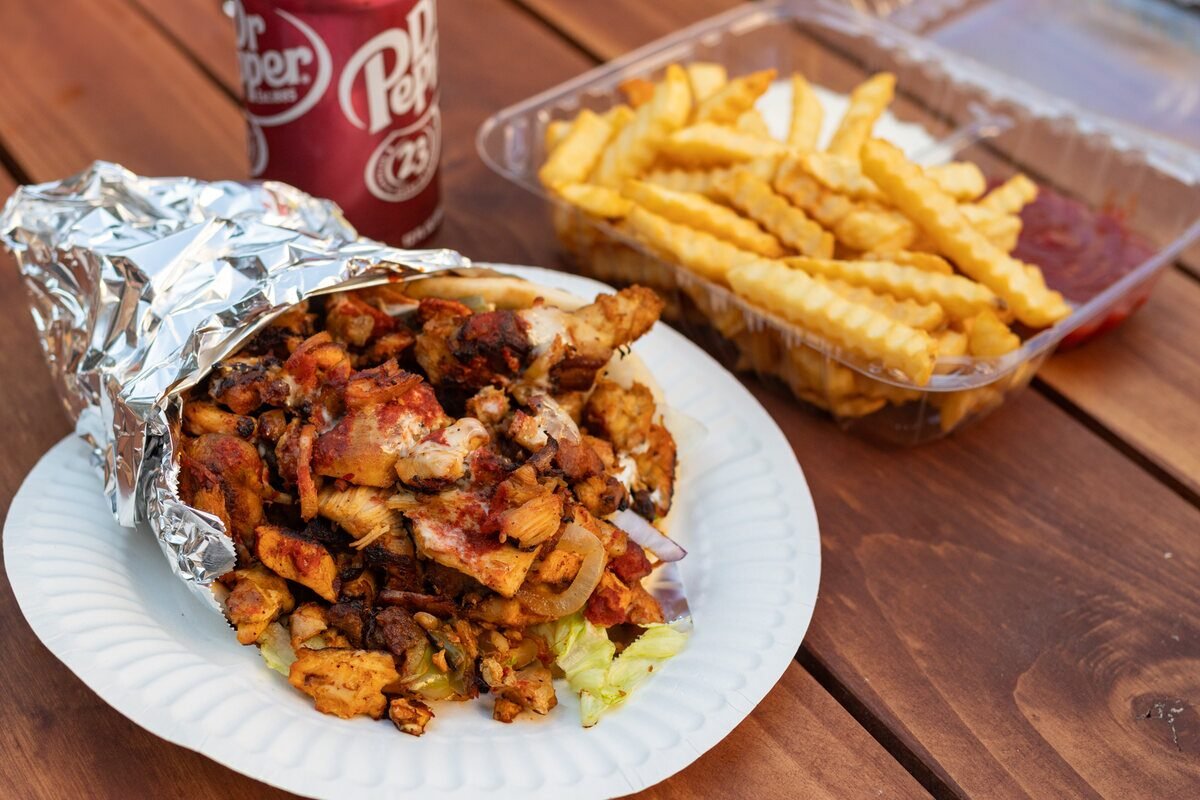 Chicken gyro with fries for a Portland group lunch